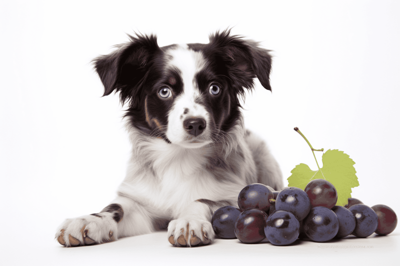 Adorable black and white Border Collie puppy lying next to a bunch of fresh grapes on a white background.