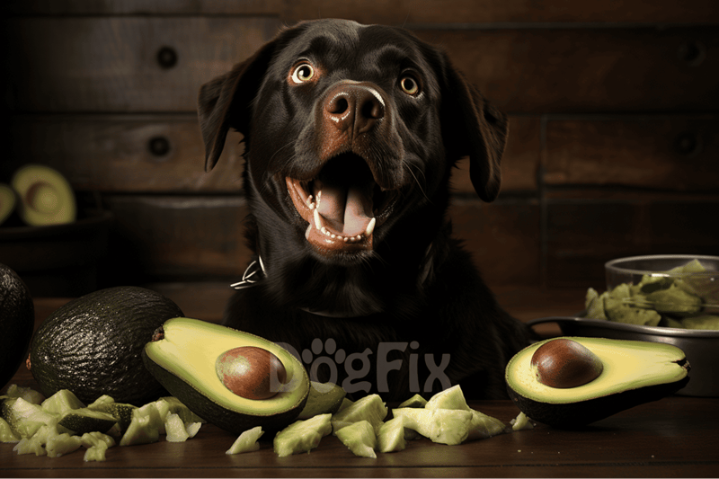 Happy black dog surrounded by fresh avocados and chopped zucchini.