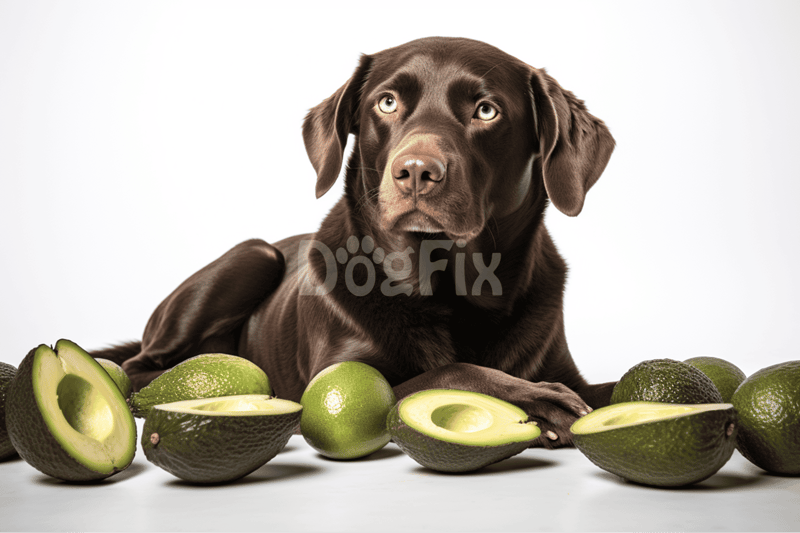 Happy Labrador with avocados for a healthy dog diet.