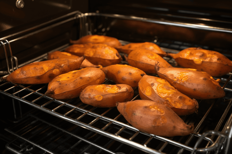 Roasted sweet potatoes on oven rack for healthy dog treat. Perfect for nutritious, homemade dog snacks.