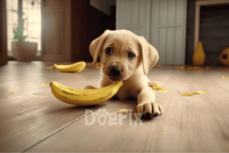 Adorable Labrador puppy lying with banana and banana peel scattered around, inside cozy home.