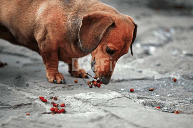 Adorable dachshund puppy outdoors snacking on berries, showcasing pet care and natural dog activities.