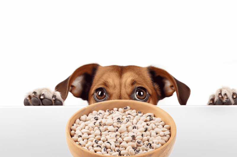 Adorable dog peering over a bowl of black-eyed peas, highlighting pet-friendly food choices and wellness.