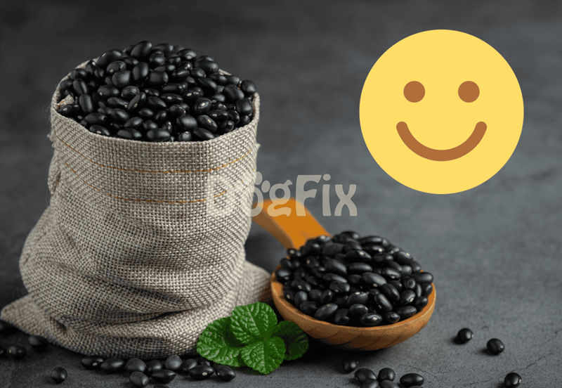 Fresh black beans in burlap sack with spoon, healthy natural ingredients for dog nutrition, tasty treat option.