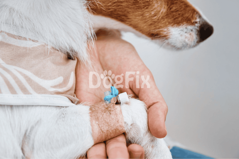 Dog receiving medical treatment with IV infusion.