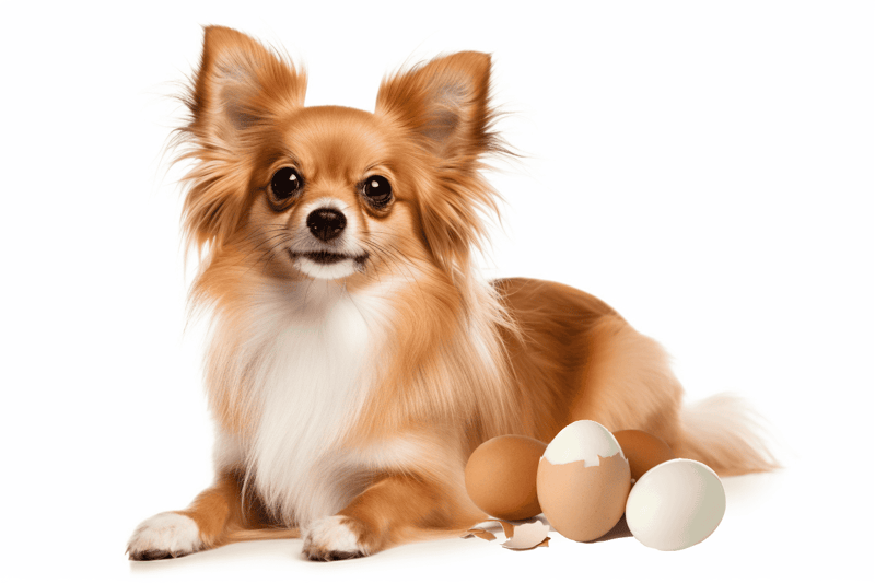 Adorable dog sitting next to cracked eggs on white background.
