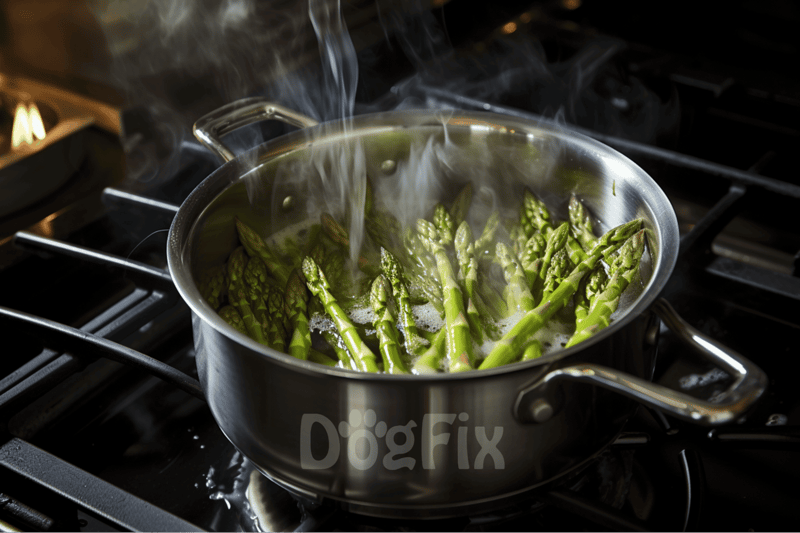 Healthy asparagus being cooked in a pan on the stove.