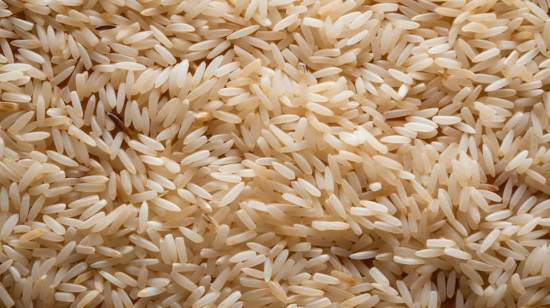 Close-up of uncooked long grain rice, beige color, detailed texture.