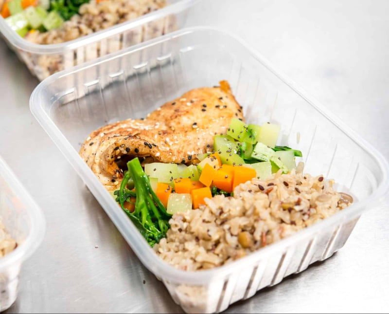 Dog food meal with grilled chicken, mixed vegetables, and rice in a clear plastic container for pets.