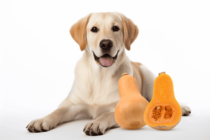 Dog with fresh butternut squash and half of a butternut squash, healthy snack for dogs.