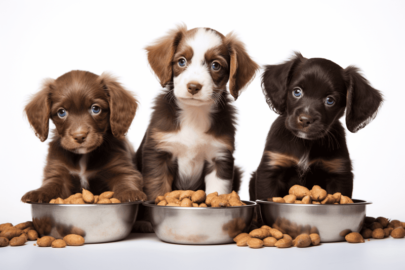 Adorable puppies eating healthy dog food from metal bowls, showcasing nutrition and care.
