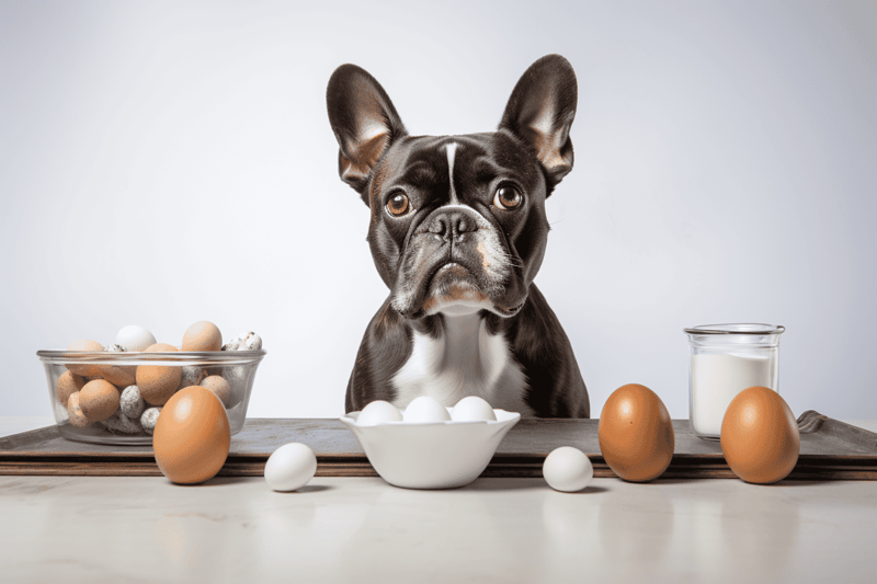 Eggs, milk, and eggshells arranged on table with French Bulldog, healthy pet nutrition ingredients.