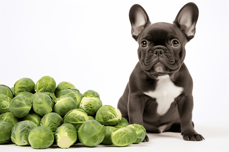 Adorable French Bulldog puppy sitting beside fresh Brussels sprouts on a white background.