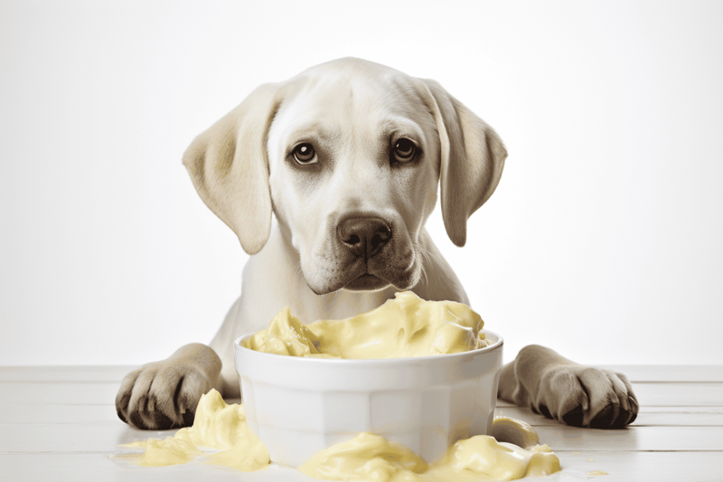 Adorable dog with a bowl of creamy dog food, ready for mealtime, from Dogfix.com.