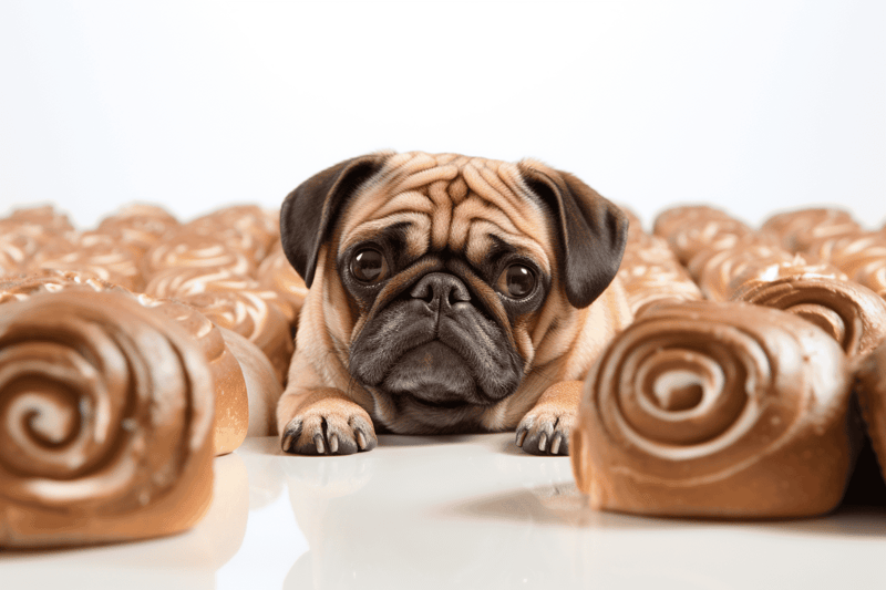 Adorable pug dog surrounded by cinnamon rolls, perfect for pet and bakery website SEO.