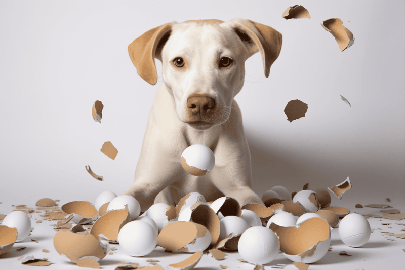 Adorable puppy surrounded by broken eggs, capturing playful and lively moments for pet lovers.