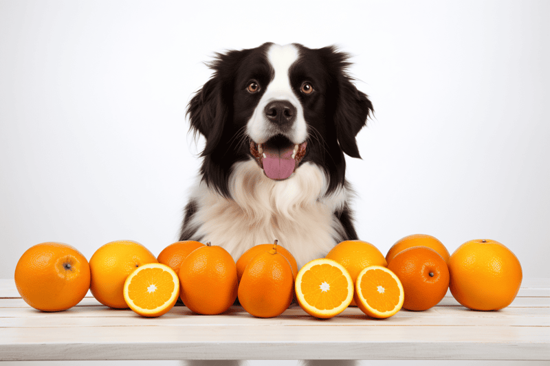 Bright happy dog sitting behind oranges and orange slices.