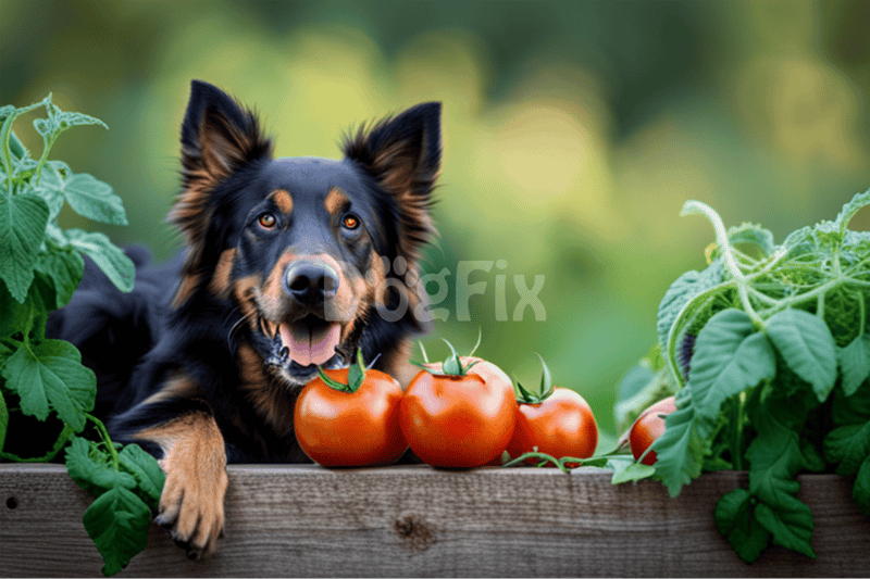 Dog with happy expression among ripe tomatoes and green foliage.