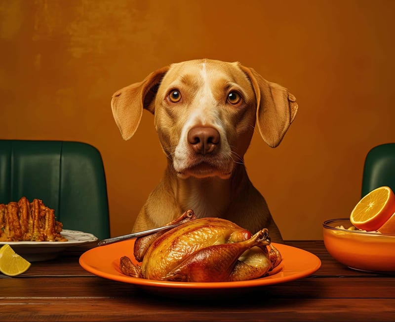 Dog with delicious roasted turkey and fruits on table.