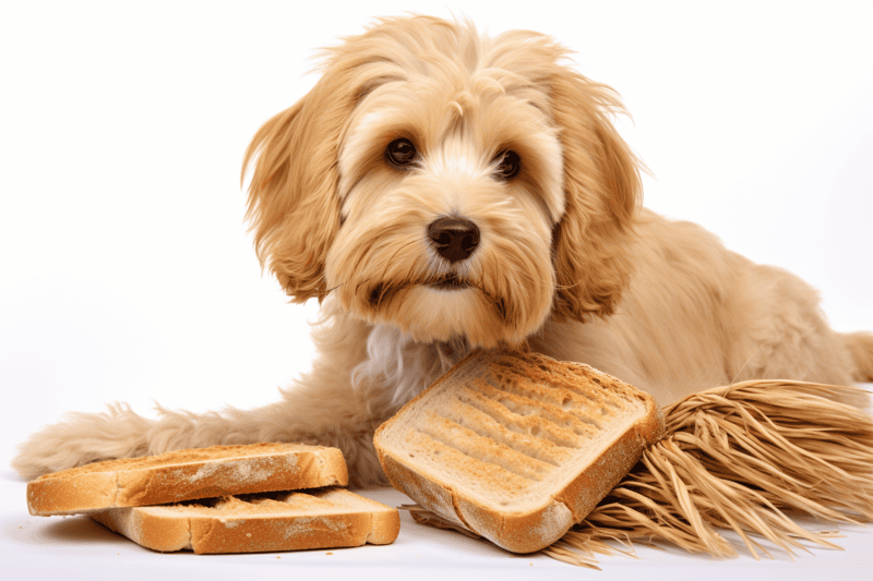 Dog with toasted bread, looking playful, lying down on a white background.