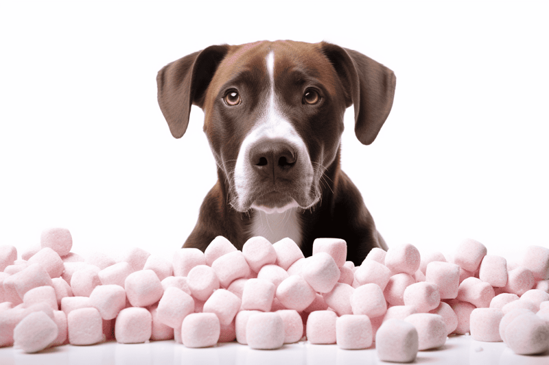 Adorable dog surrounded by pink marshmallows on white background.