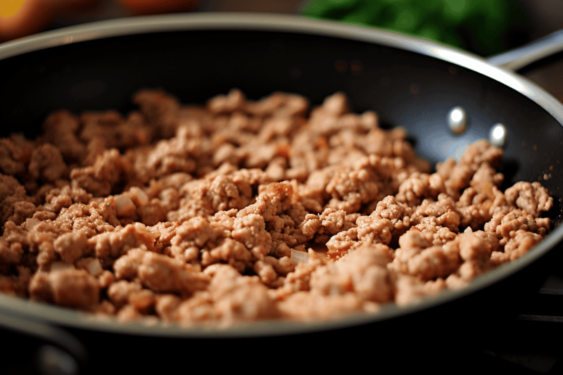 Healthy ground beef in a frying pan for dog nutrition.