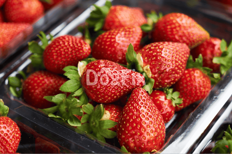 Close-up of ripe, juicy strawberries in a plastic container, highlighting healthy fruit options for dogs.