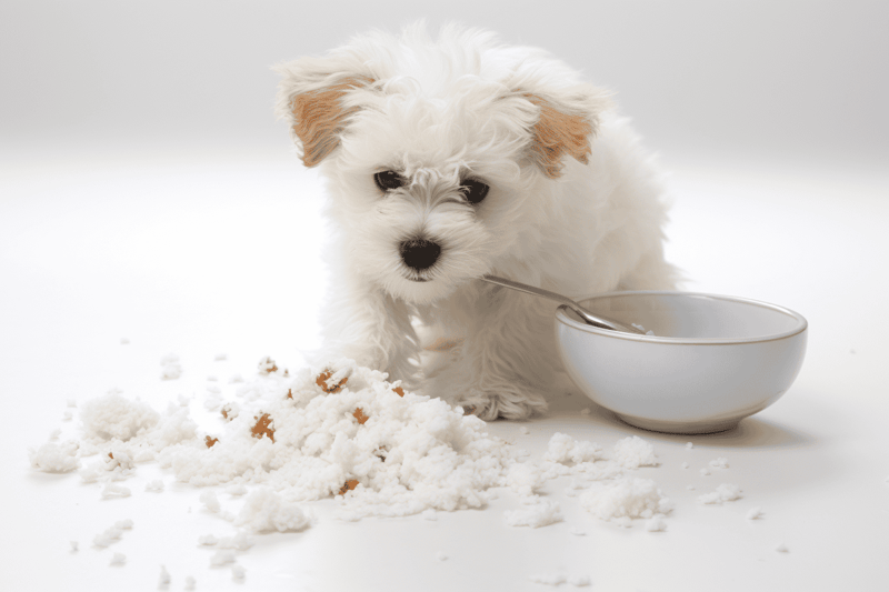 Dog eating rice, healthy dog food, outdoor pet meal, Rottweiler dog eating grain-based food.