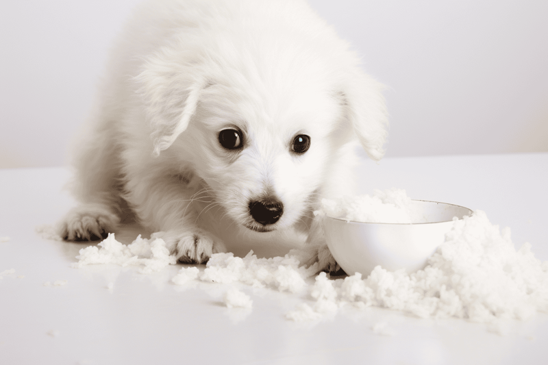 Cute white puppy eating snow from a bowl, winter pet care, adorable dog at home.