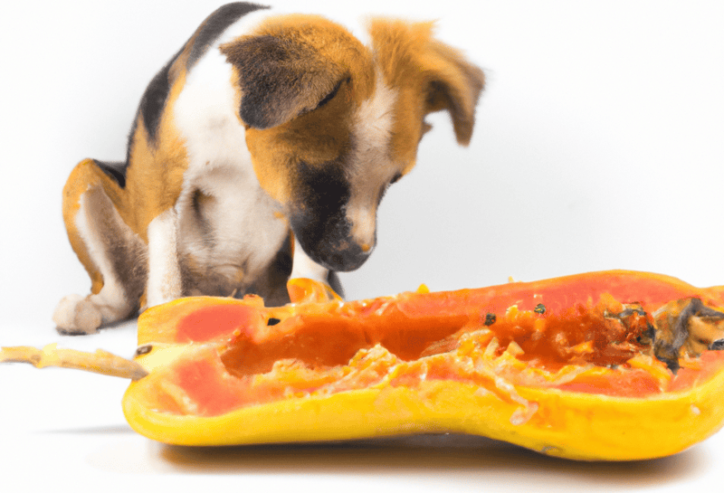 Dog with pumpkin, healthy dog food, pumpkin benefits for dogs.