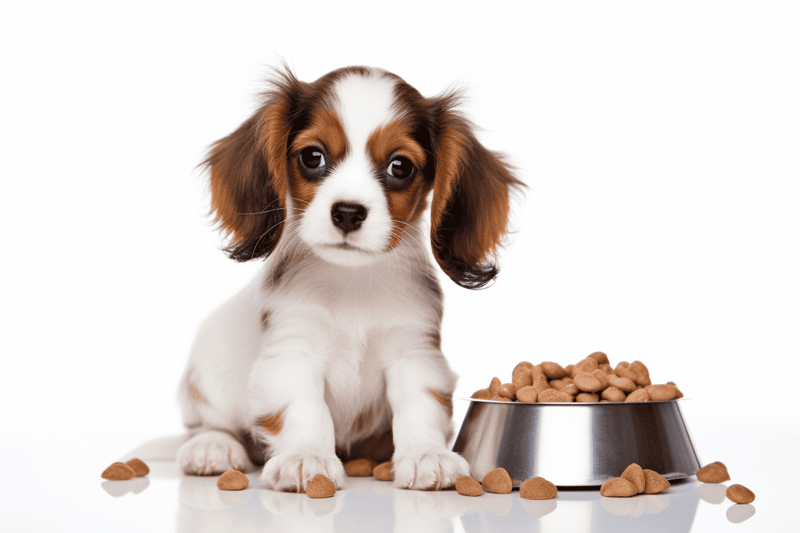 Adorable puppy with a bowl of kibble, perfect for pet food and dog nutrition branding.