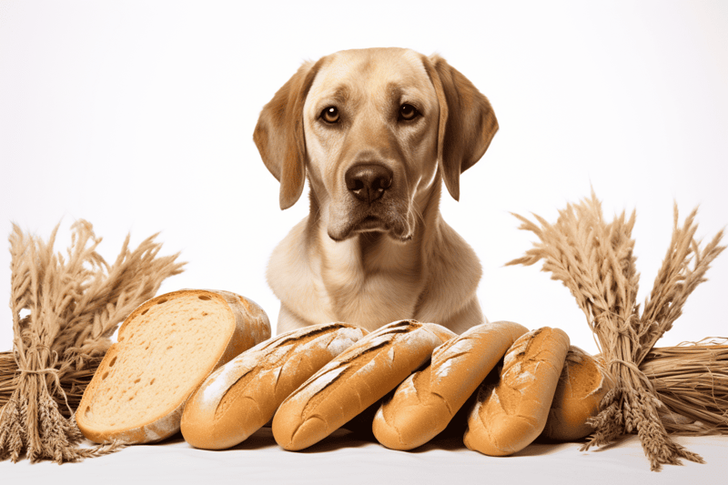 Dog with fresh bread and wheat stalks in background.