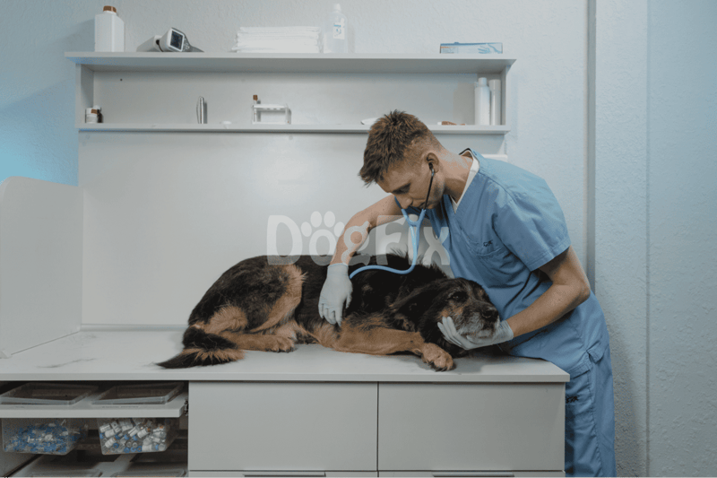 Vet checking a dog's health with stethoscope in clinic.