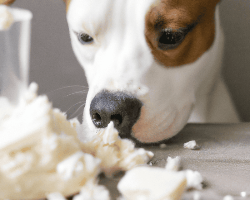 Close-up of a dog chewing bread, showing focus on dog’s face and food.