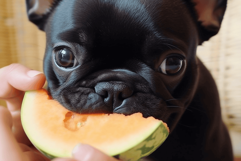 Adorable black French Bulldog munching on fresh melon slice for a tasty snack.