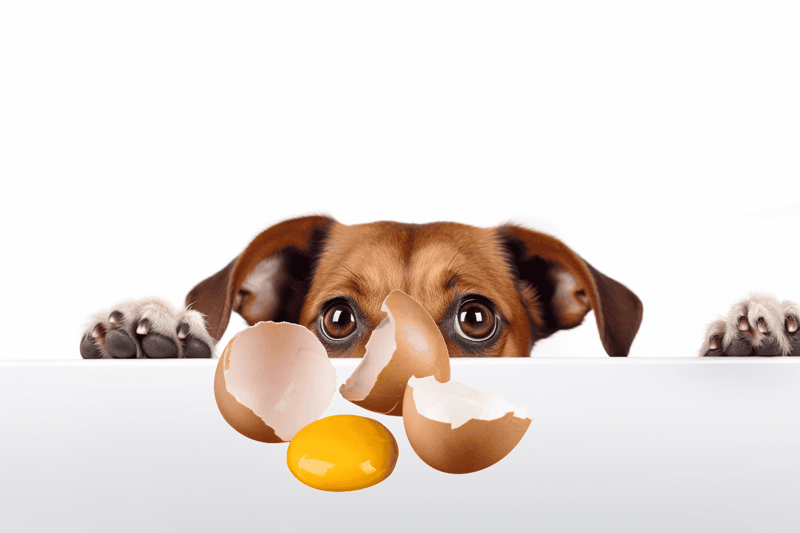 Dog with eggshells and yolk, promoting safe dog food options.