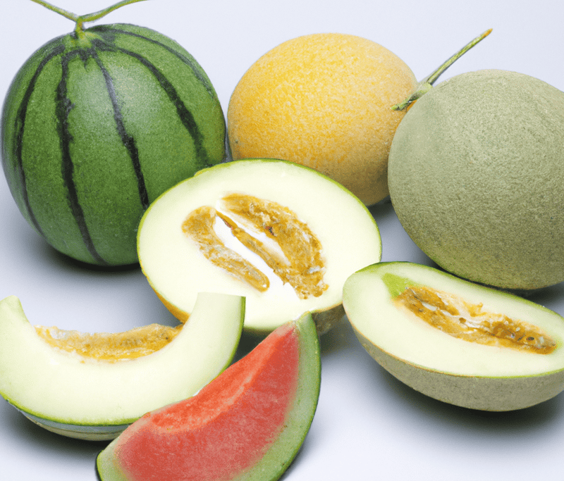 Close-up of assorted melons including watermelon, cantaloupe, honeydew, and watermelon slices.
