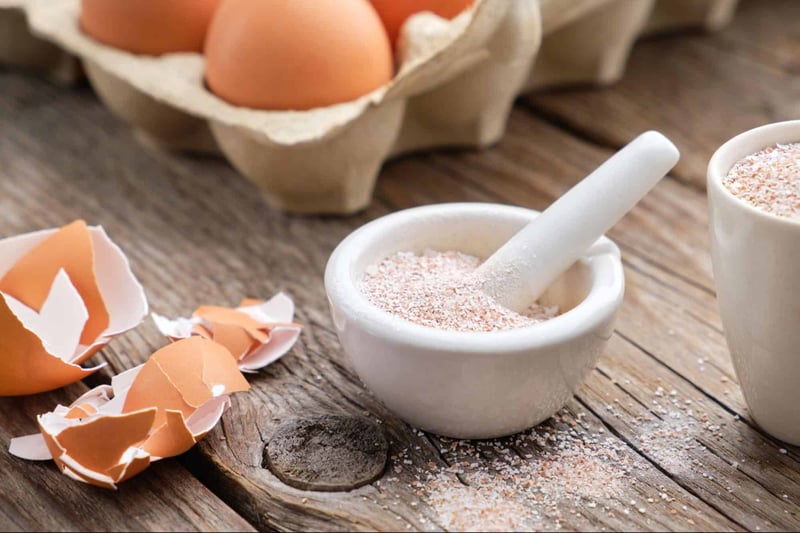 Eggshell powder in a mortar with cracked eggshells in the background.