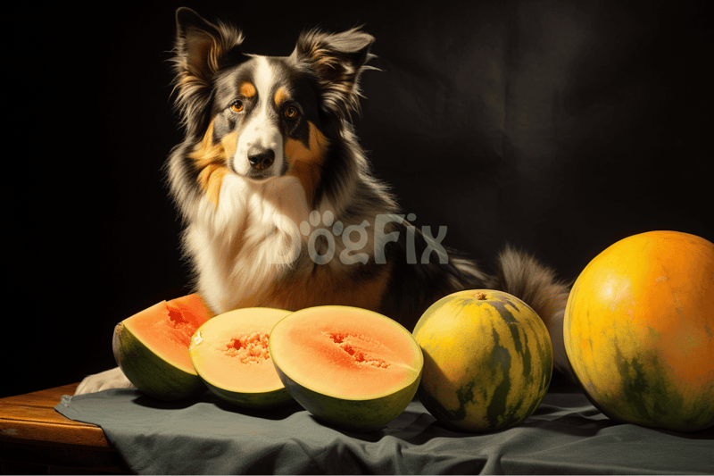 High-quality image of an Australian Shepherd dog with fresh watermelons and cantaloupe melons, perfect for pet and healthy lifestyle content.