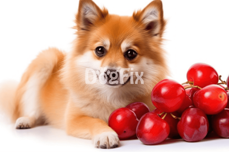 Adorable puppy lying next to bright red cherries on a white background. Perfect for dog care and healthy pet treats.