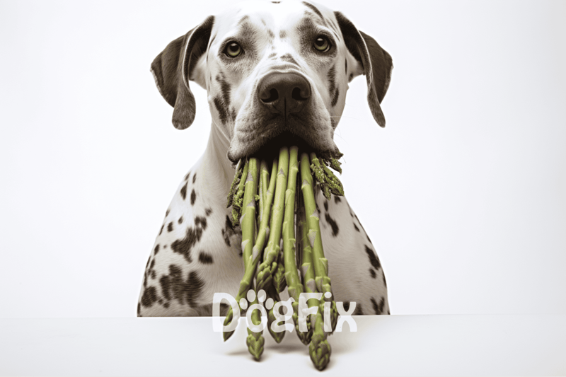 Dog with asparagus in mouth, healthy pet food, dog nutrition, balanced diet for dogs.