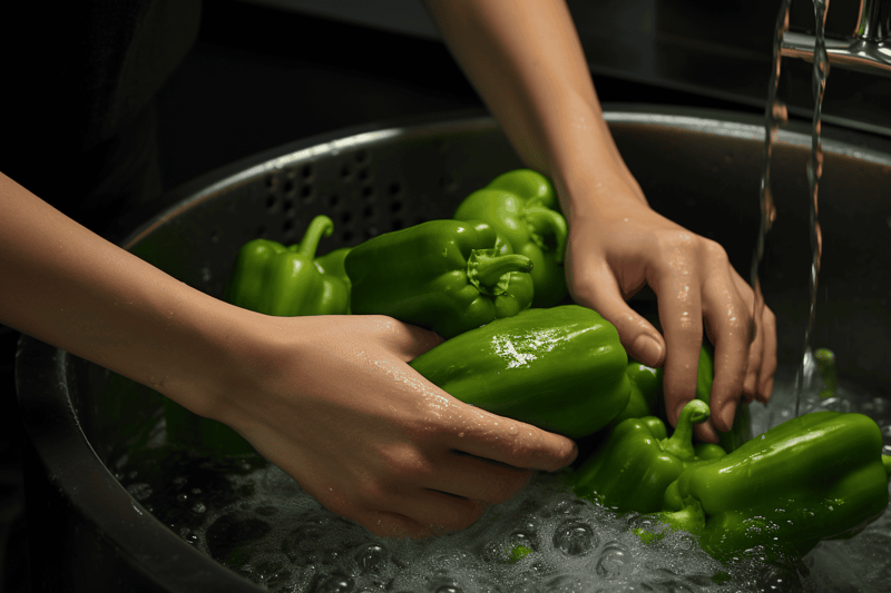 Bright green bell peppers being rinsed in a stainless steel sink for healthy cooking.