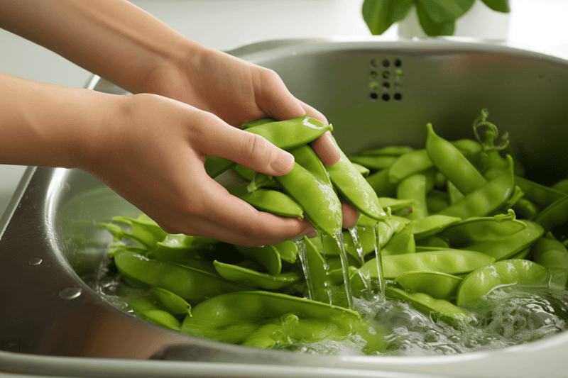 Healthy green peas for dogs in a stainless steel sink.