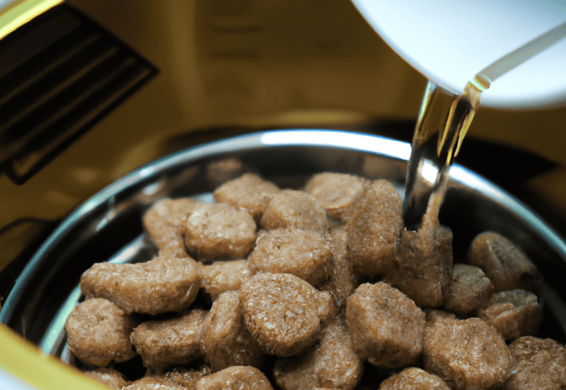 Pet food bowl with dry dog food, close-up shot.