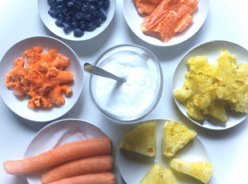 Assorted fresh, nutritious dog food toppers with vegetables and fruits for better pet health.