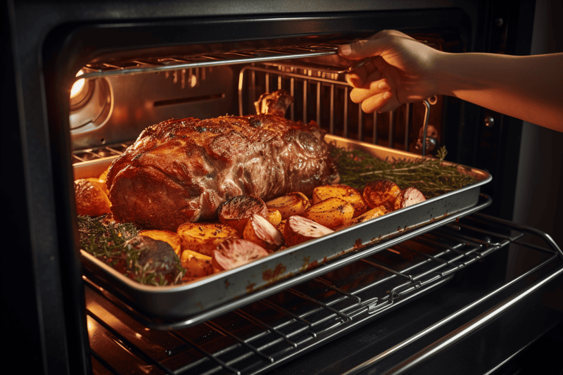 Delicious roast beef cooking in the oven with potatoes, garlic, and rosemary. Perfect for a hearty, home-cooked meal.