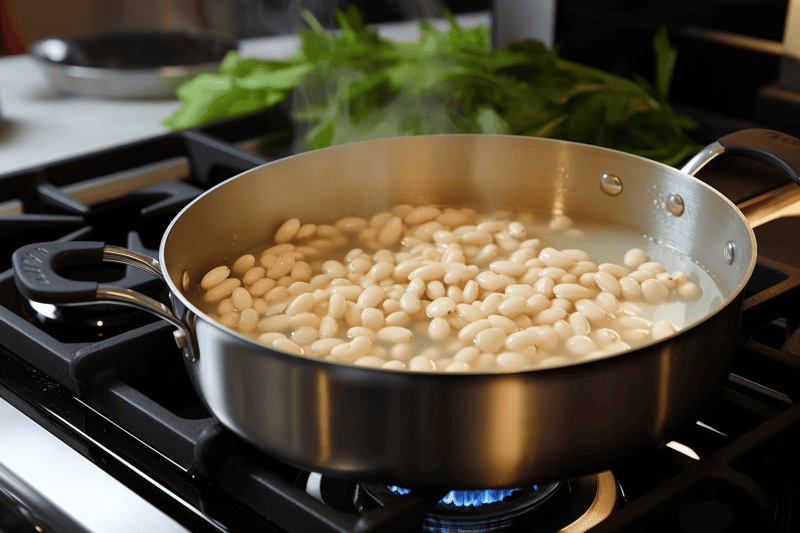 Alt text: Cooking white beans in a frying pan on a stovetop with steam rising.