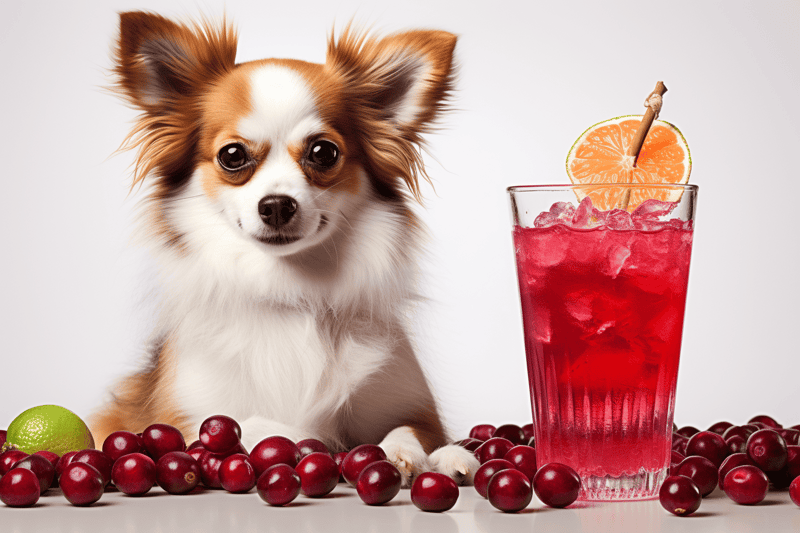 Cute dog with fruit and berry drink.