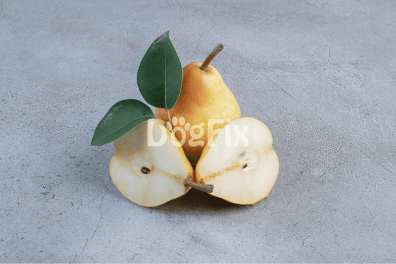 Fresh pears and slices with leaves, ideal for healthy dog treats and nutrition.