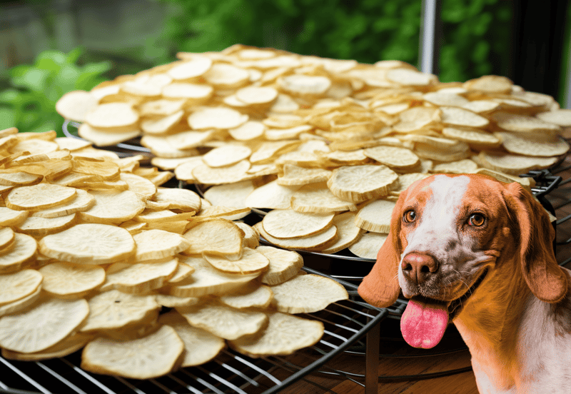 Dog eating healthy sweet potato treats on a cooling rack outdoors.